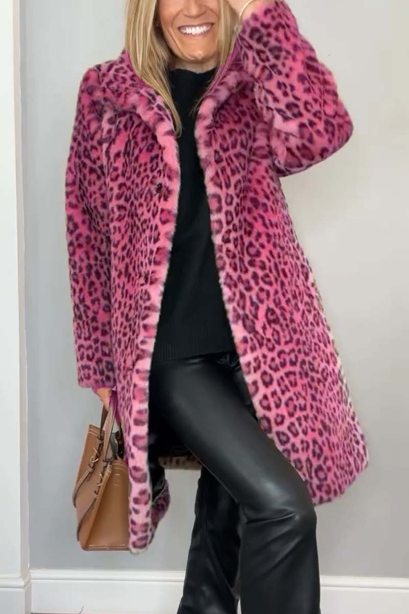 Stylish Leopard Print Lapel Faux Fur Mid-length Coat