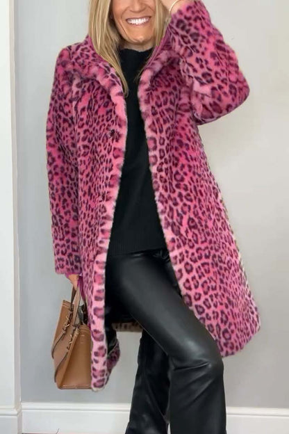 Stylish Leopard Print Lapel Faux Fur Mid-length Coat