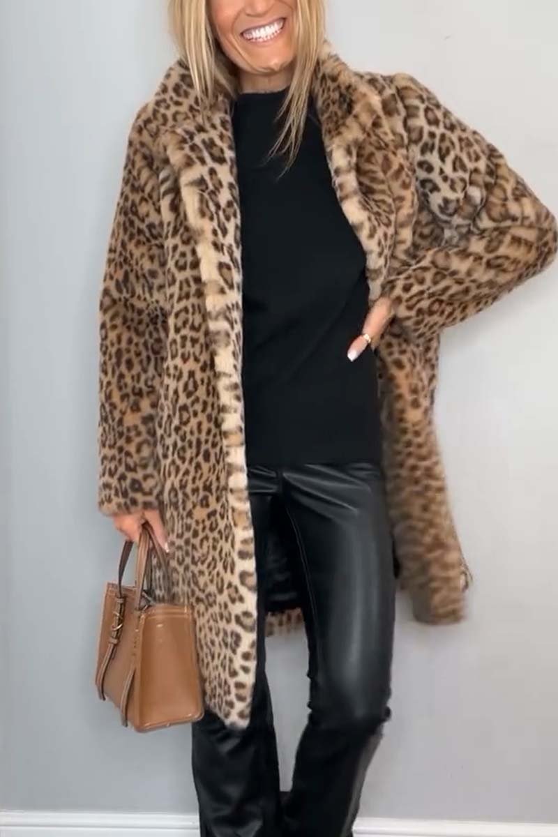 Stylish Leopard Print Lapel Faux Fur Mid-length Coat