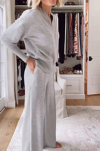 Solid Color V-neck Top & Pants Two-piece Set