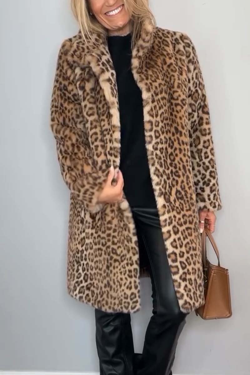 Stylish Leopard Print Lapel Faux Fur Mid-length Coat