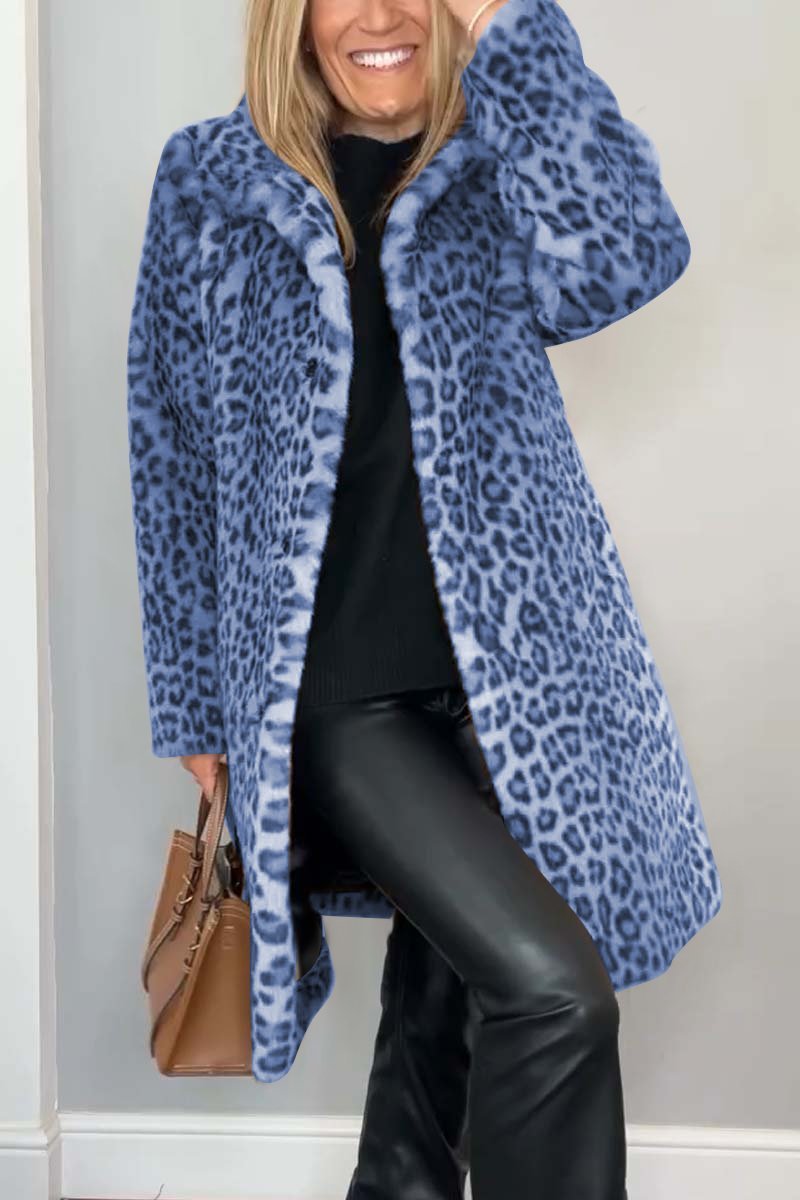 Stylish Leopard Print Lapel Faux Fur Mid-length Coat
