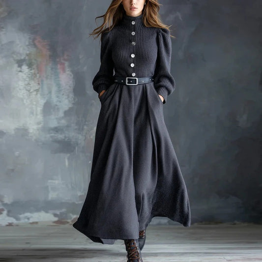 Women’s Black Turtleneck Maxi Dress – Long Sleeve Button-Front Knitted Sweater Dress