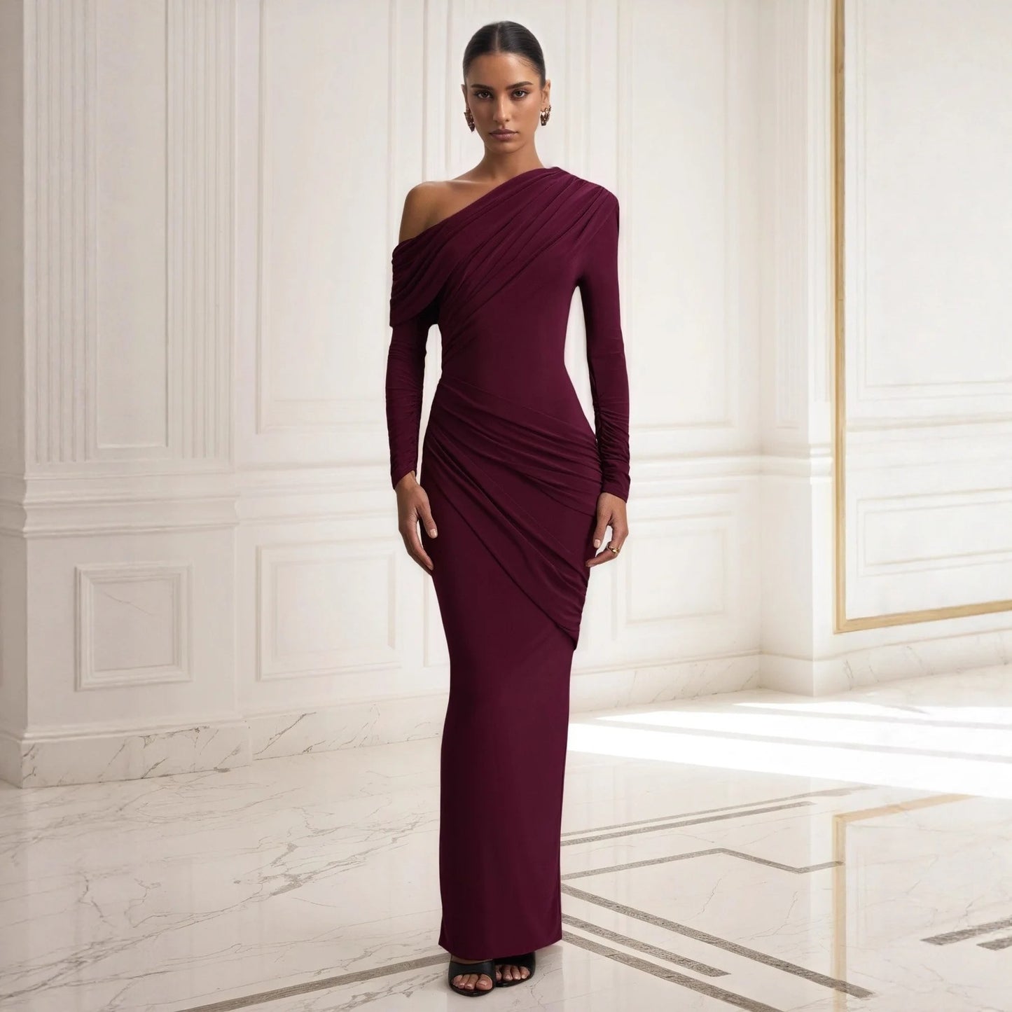Elegant retro purple sexy one-shoulder maxi dress