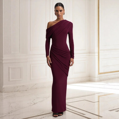 Elegant retro purple sexy one-shoulder maxi dress