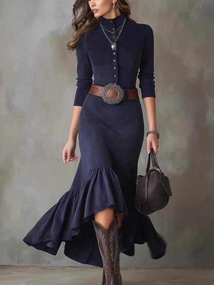 Vintage Suede-Look Mock Neck Mermaid Dress | Slim Fit