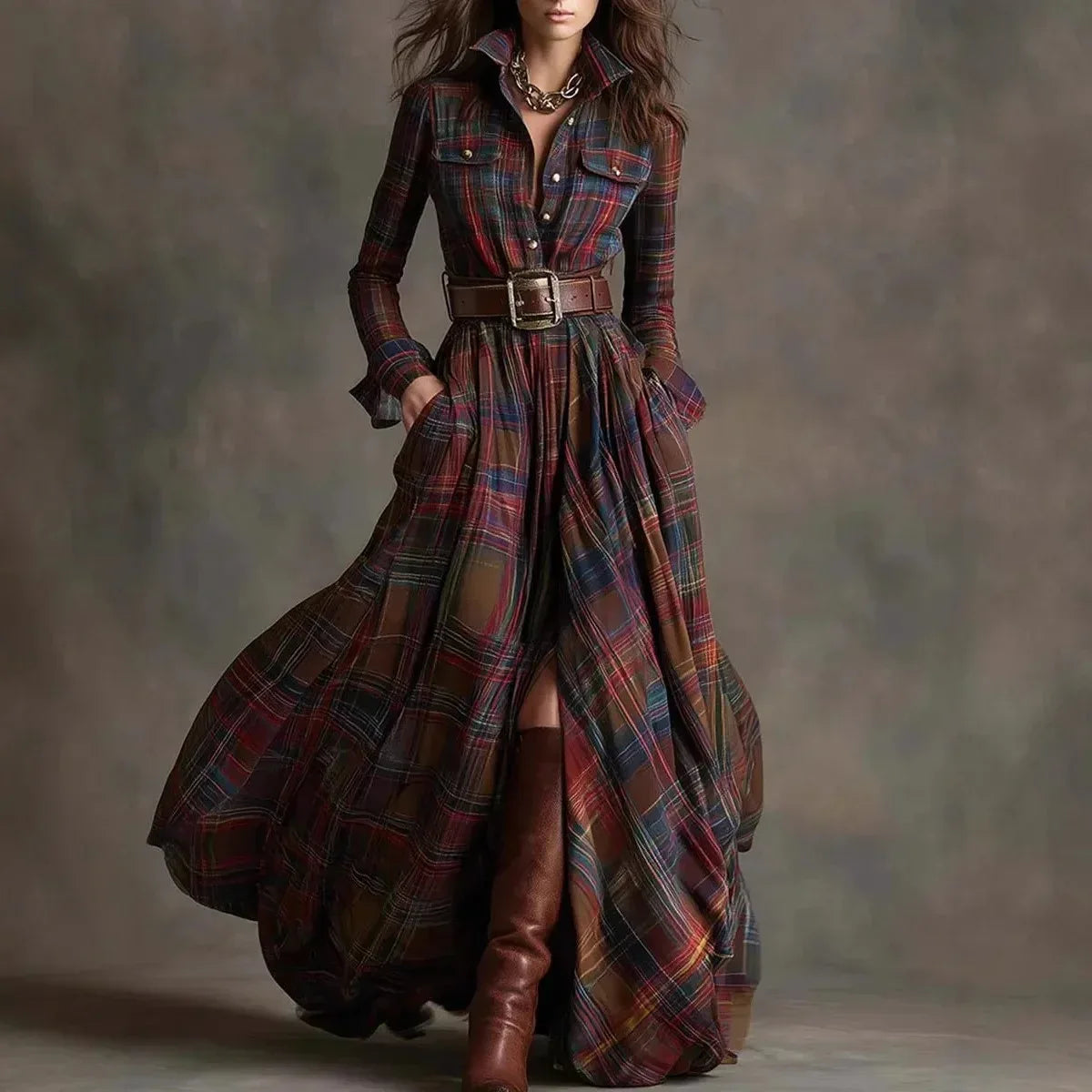 The Heritage Tartan Plaid Maxi Shirtdress | Long Sleeve - NuaVibe
