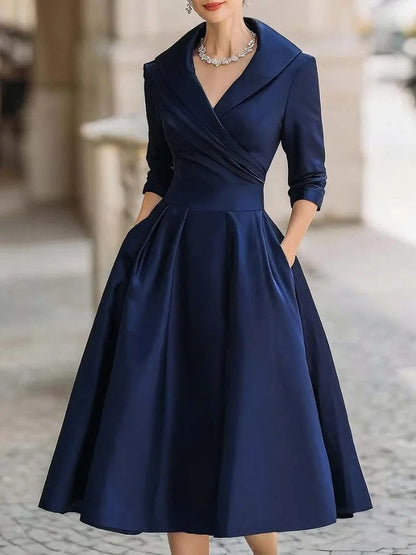 Vintage V-Neck Midi Swing Dress - Elegant Office Wear