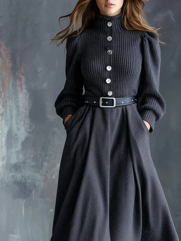Women’s Black Turtleneck Maxi Dress – Long Sleeve Button-Front Knitted Sweater Dress