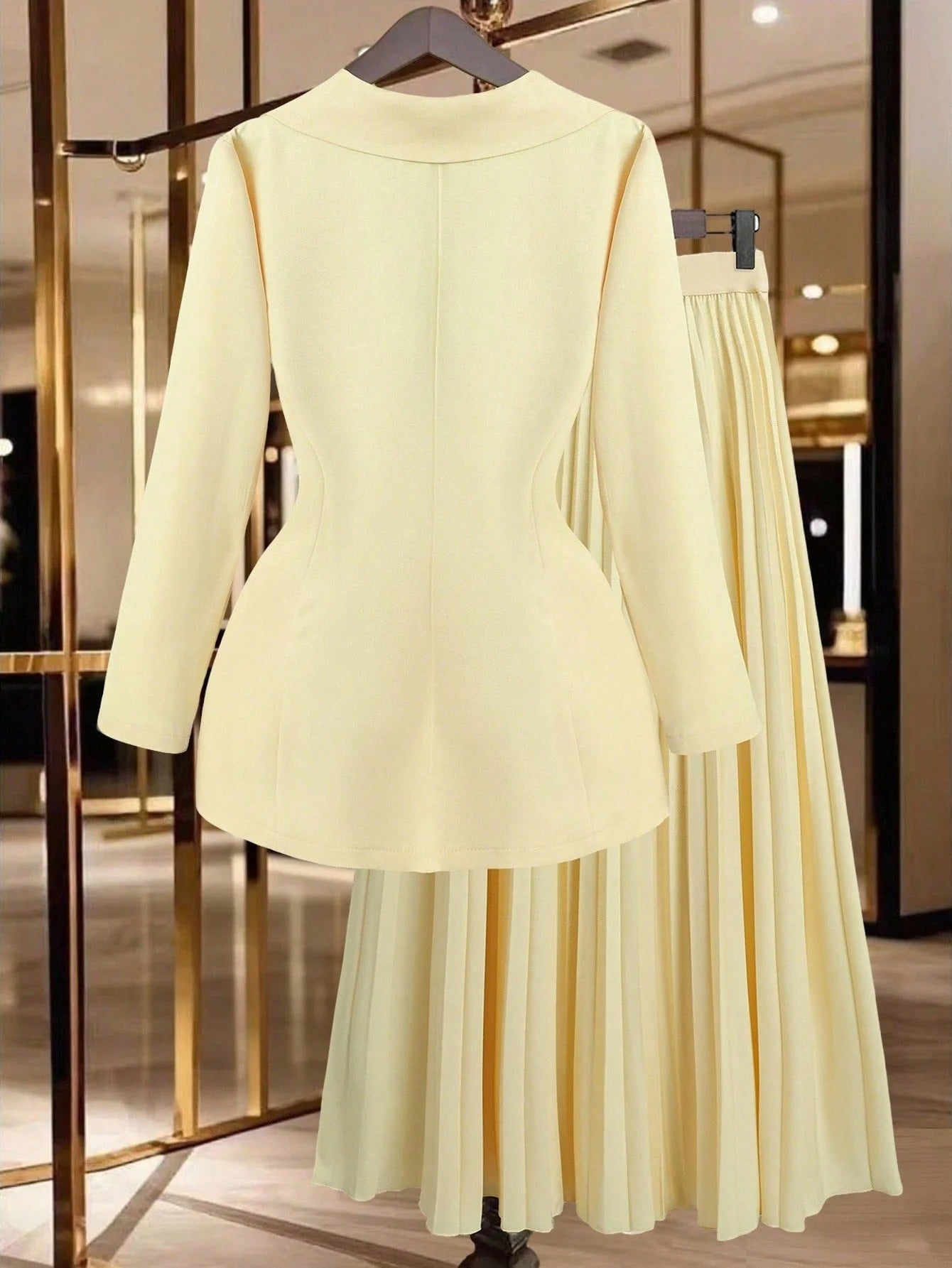 Elegant and simple light yellow V-neck corduroy midi dress
