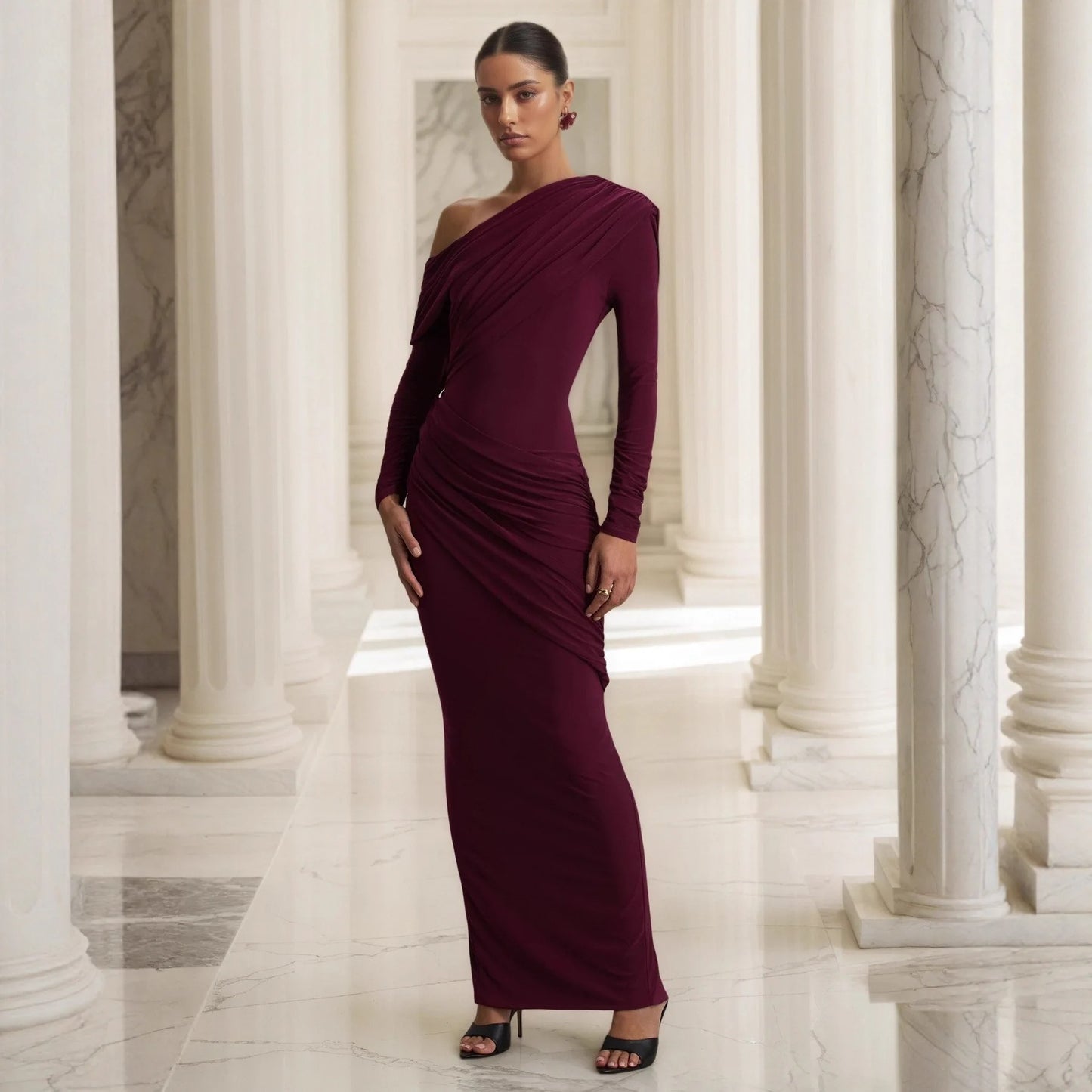 Elegant retro purple sexy one-shoulder maxi dress