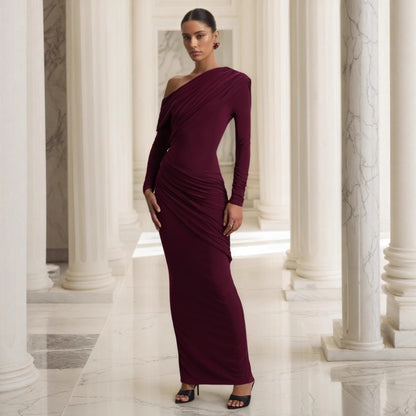 Elegant retro purple sexy one-shoulder maxi dress