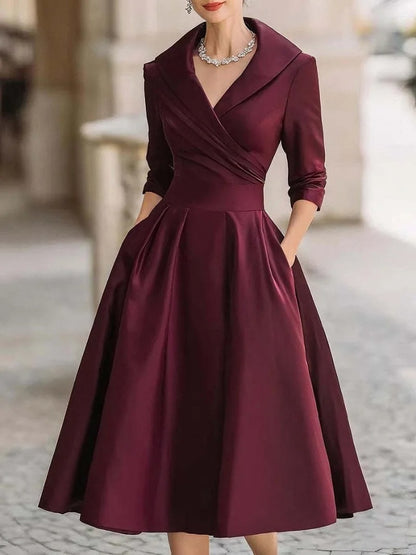 Vintage V-Neck Midi Swing Dress - Elegant Office Wear