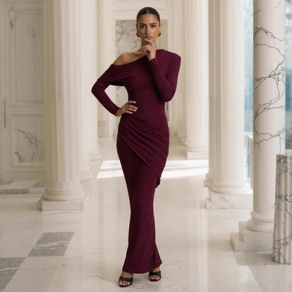 Elegant retro purple sexy one-shoulder maxi dress