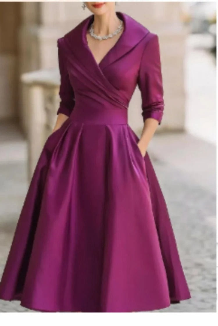 Vintage V-Neck Midi Swing Dress - Elegant Office Wear