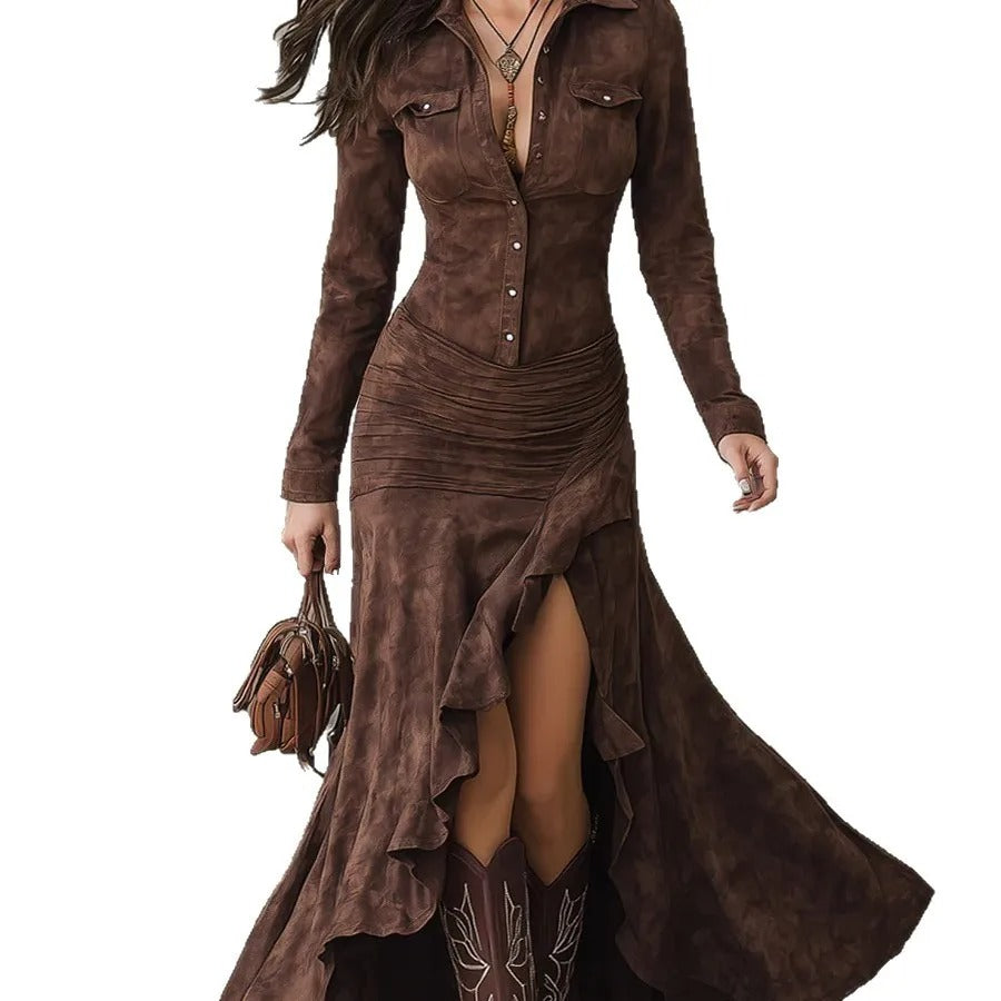 Female Clothing Women Dresses Autumn Winter Slim Fit Zipper Stand Collar Slit Long Dress Sexy Outfits Women Evening Dresses