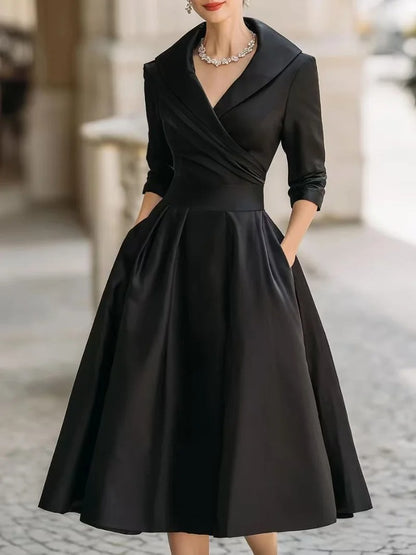 Vintage V-Neck Midi Swing Dress - Elegant Office Wear