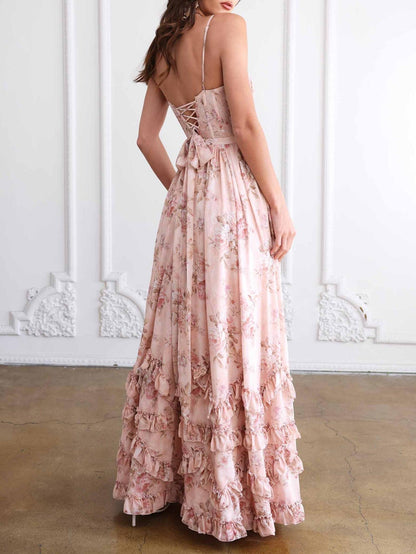 Floral Frill Split Maxi Dress