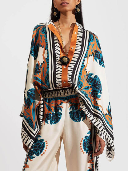 Fine Satin Floral Print Batwing Sleeve Shirt and Pants Set