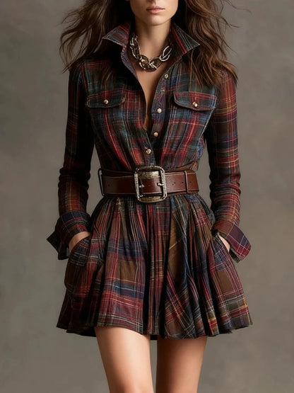 The Blaire Vintage Plaid Pleated Shirt Dress