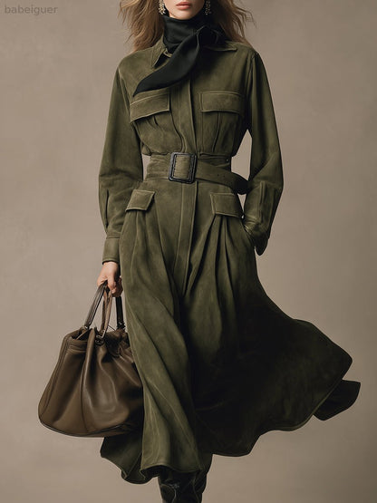 Retro Western Style Green Workwear Faux Suede Midi Dress（Includes belt）