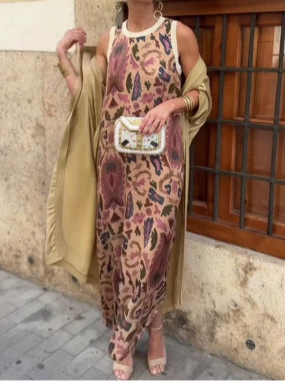 Elegant printed two-piece dress with cape