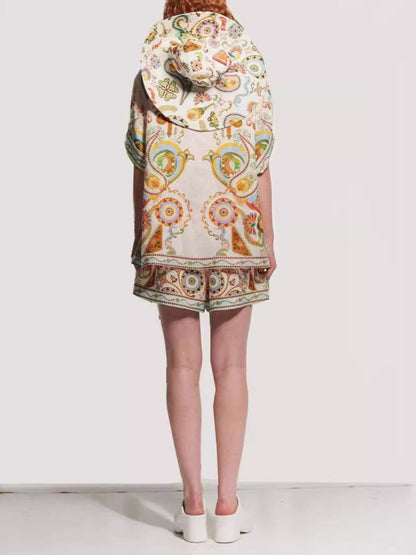 Linen Graffiti Linen Macaron Lapel Shorts Set